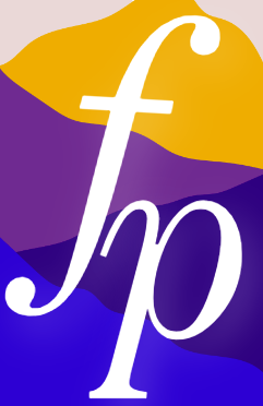 a white letter on a purple and yellow background