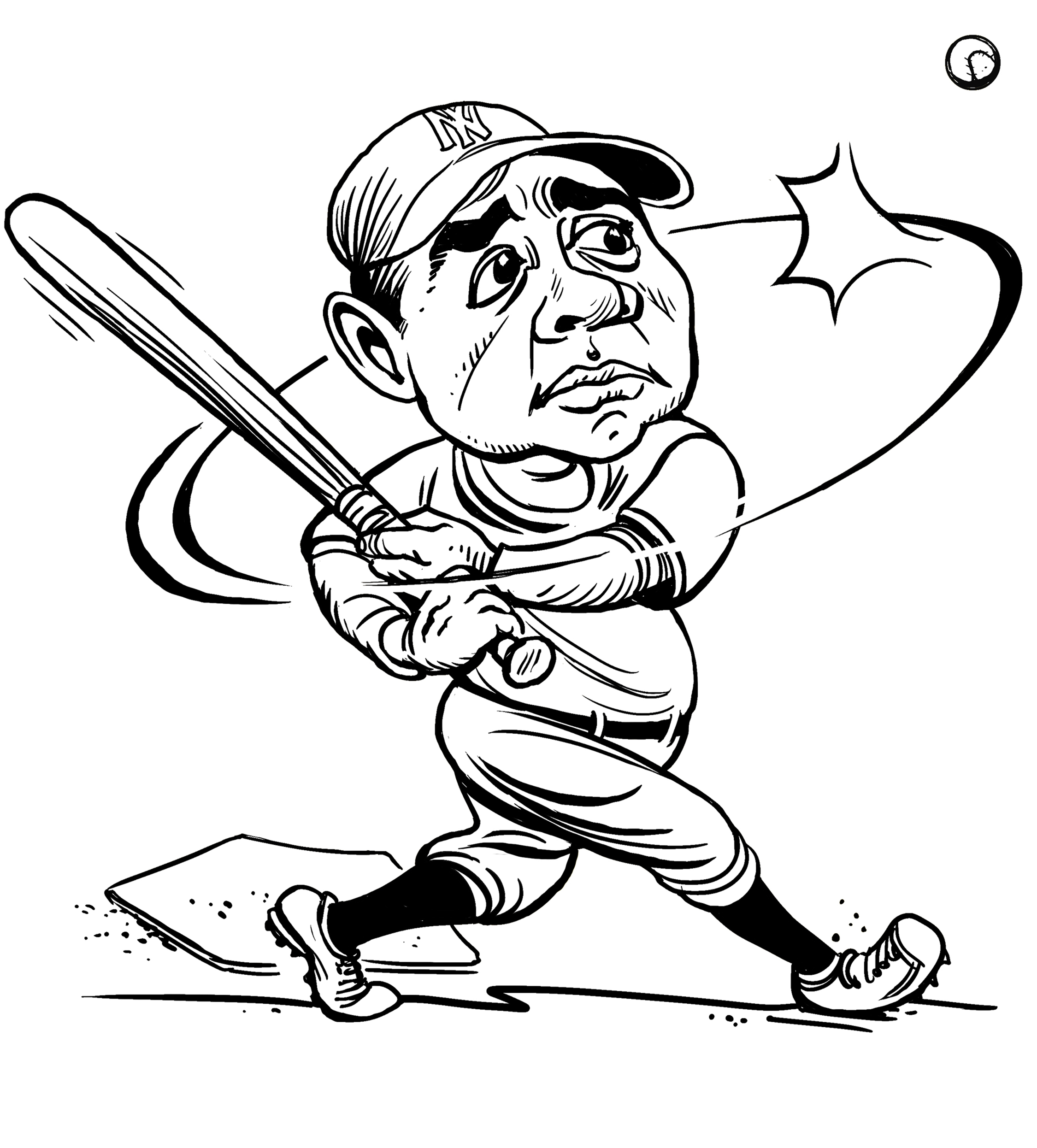 a black and white drawing of a baseball player swinging a bat