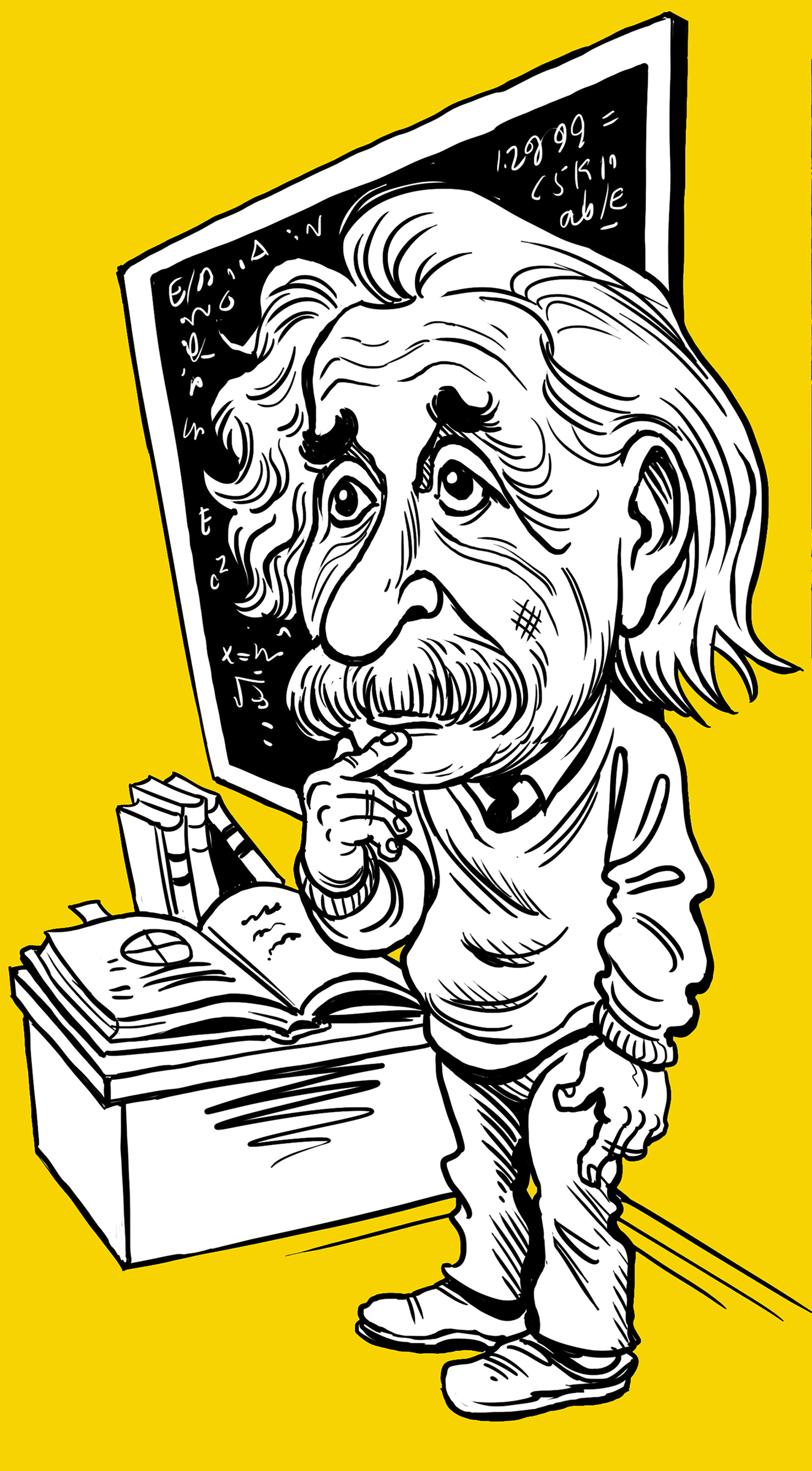 a cartoon of a man with a mustache standing next to a book