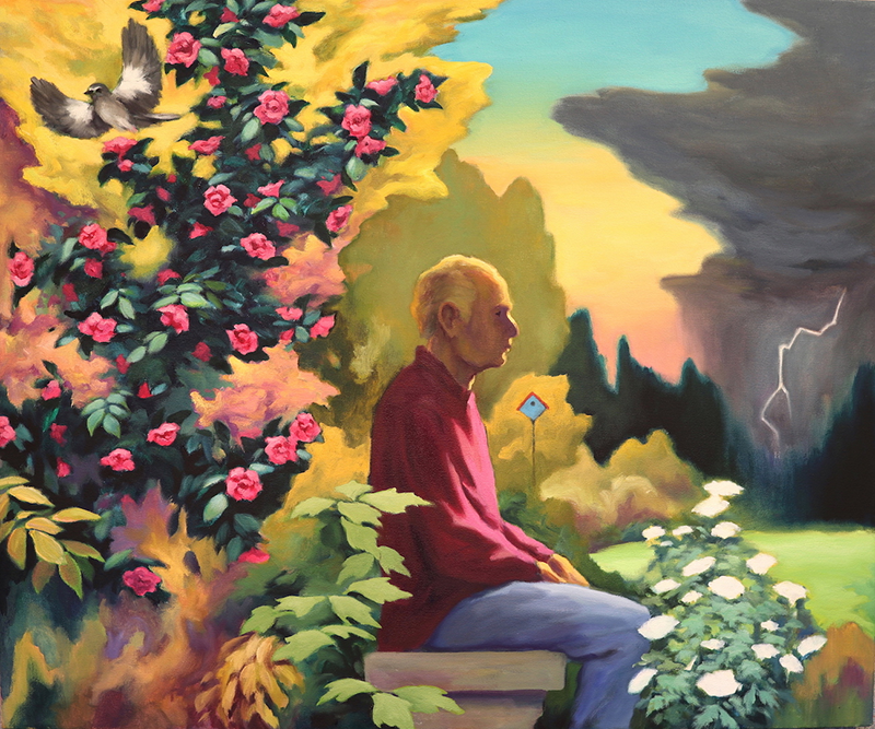 a painting of a man sitting on a bench in a garden