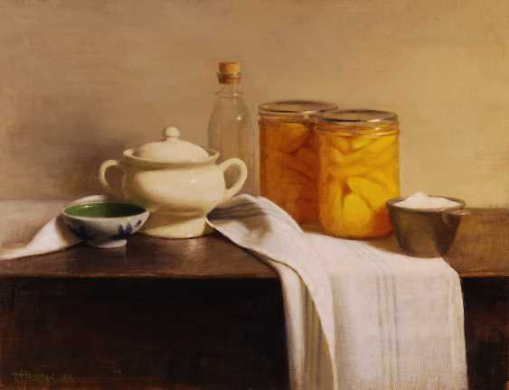a painting of a table with food and a teapot