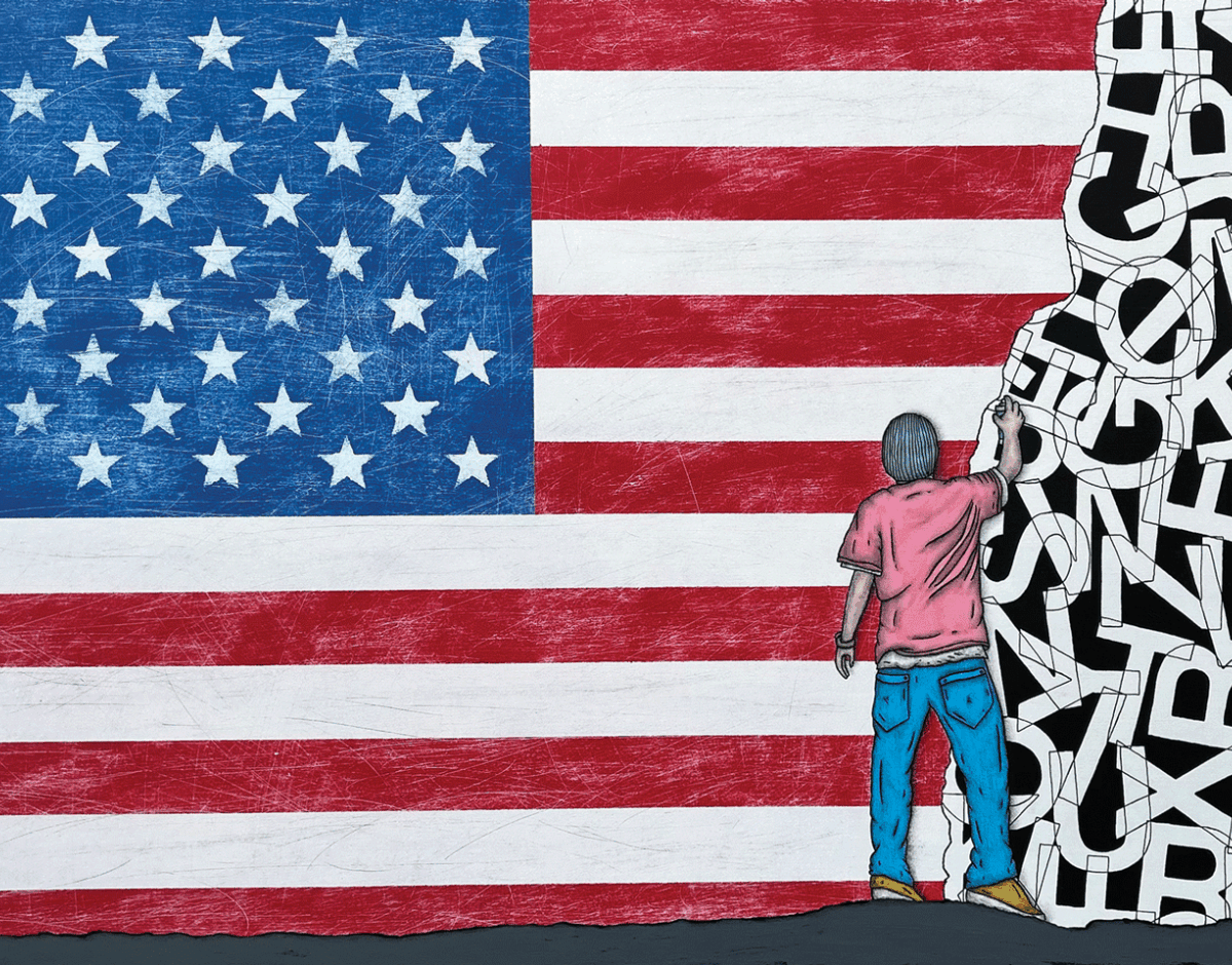 a man drawing a flag