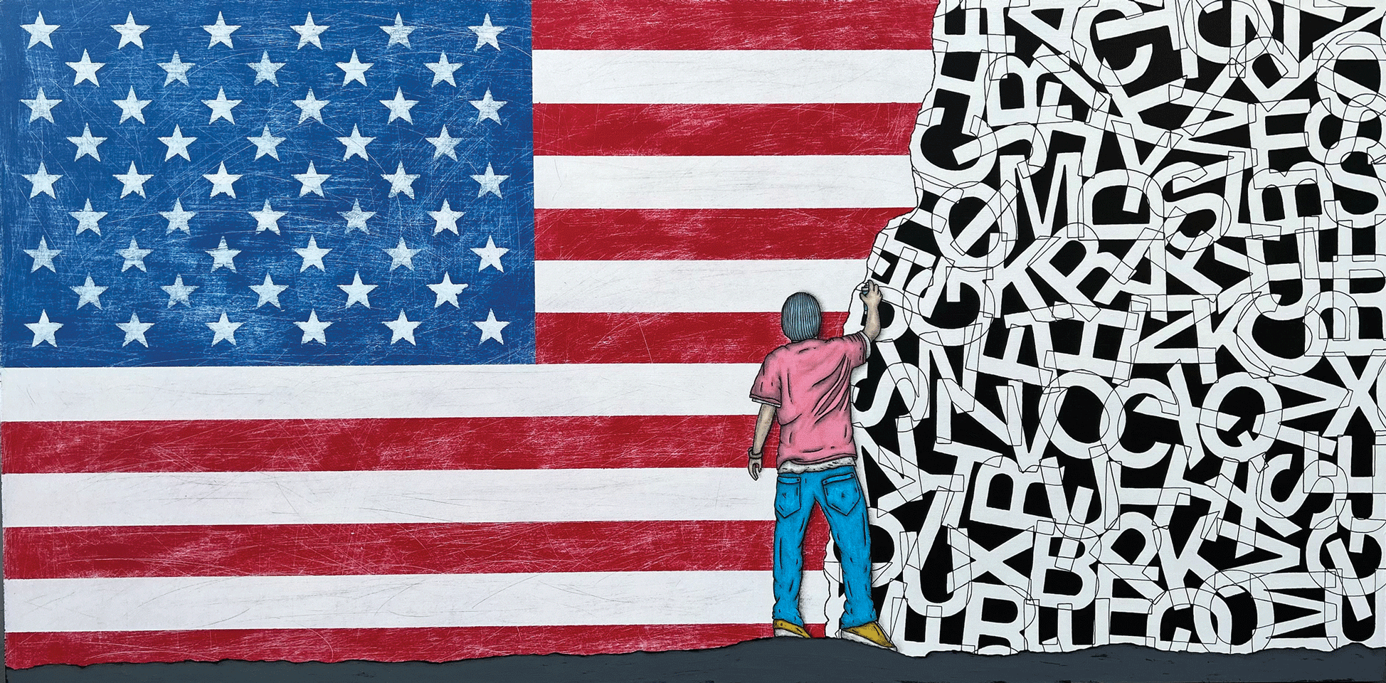 a man drawing a flag