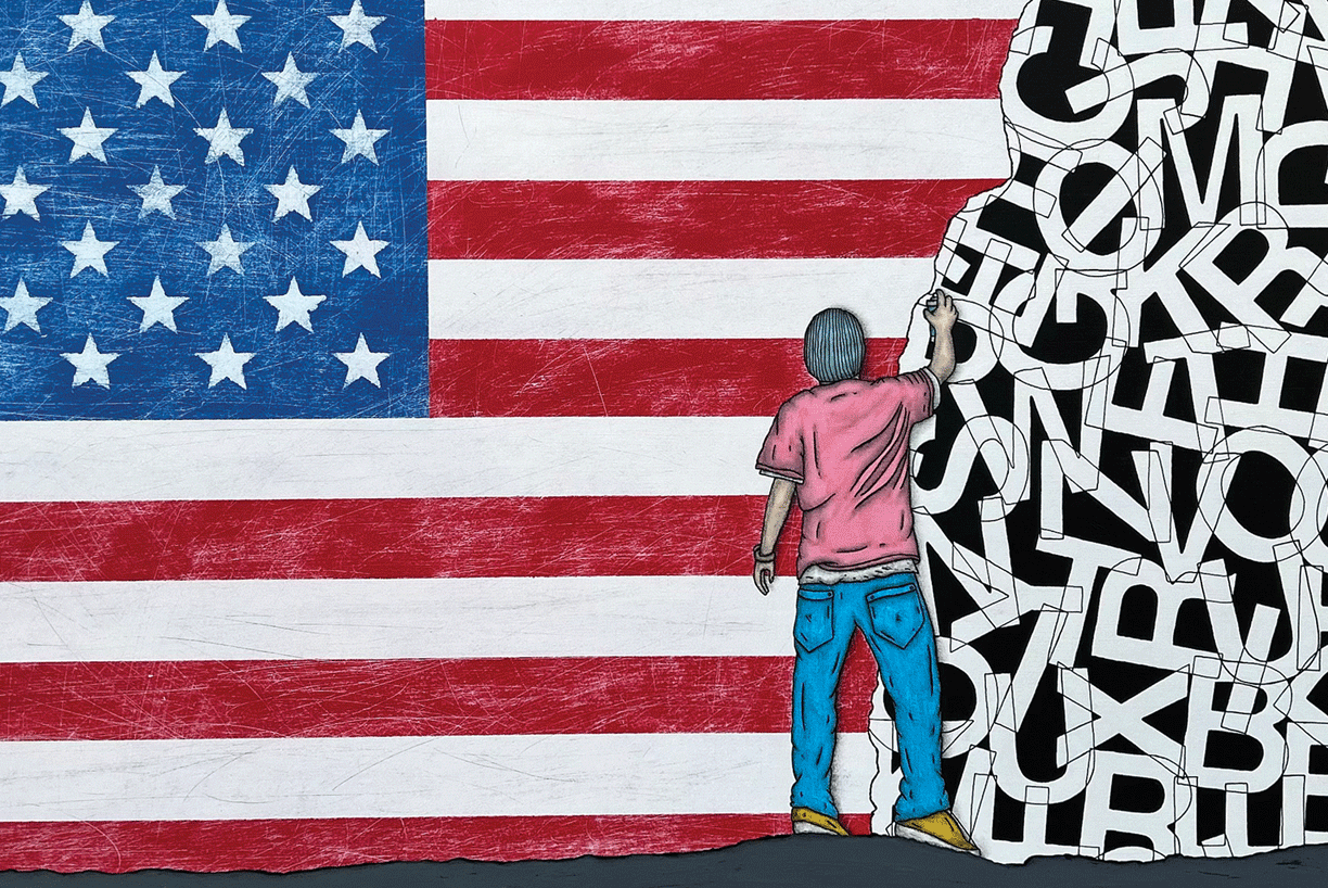 a man drawing a flag