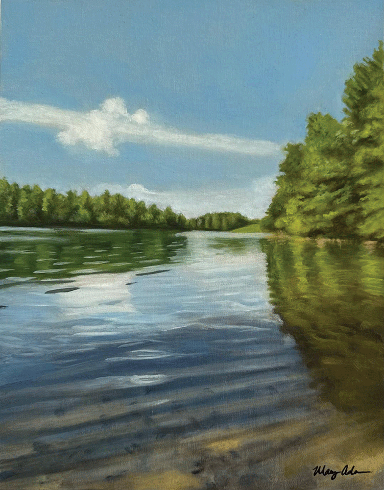 a water with trees around it
