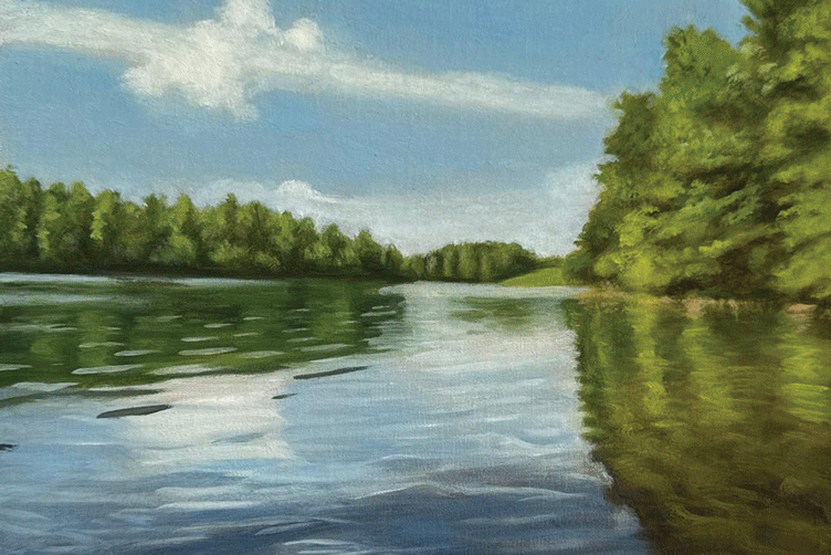a water with trees around it