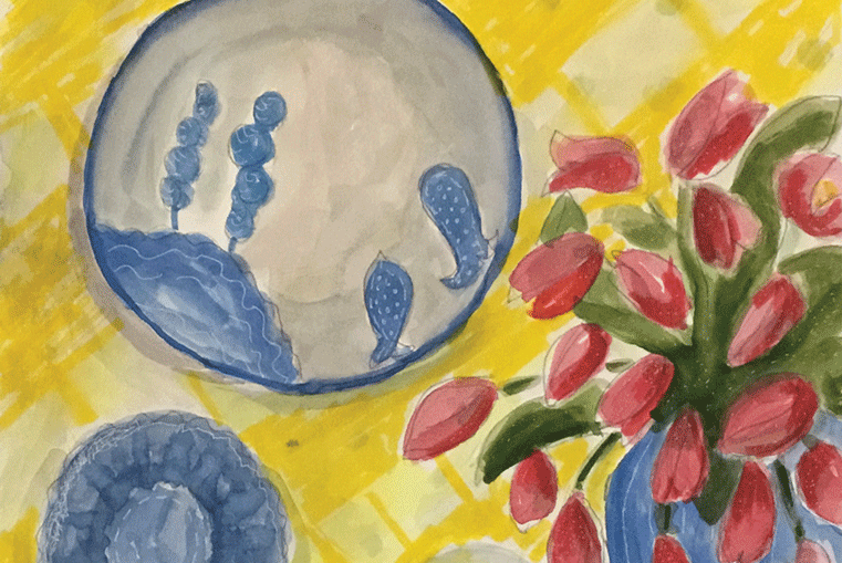a painting of a plate and flowers