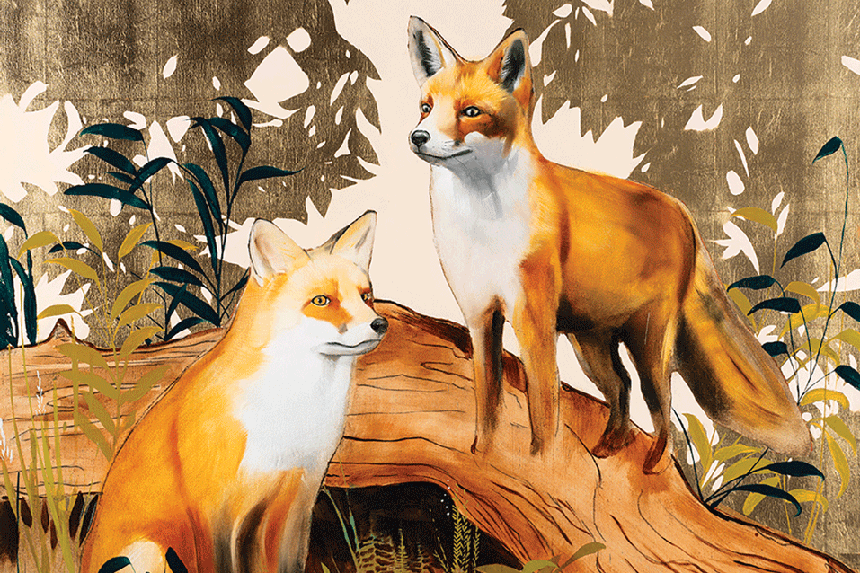 a painting of two foxes on a log