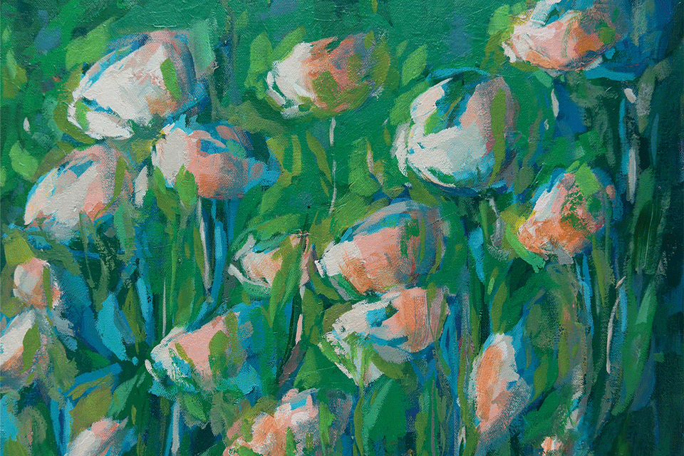 a painting of flowers on a green background
