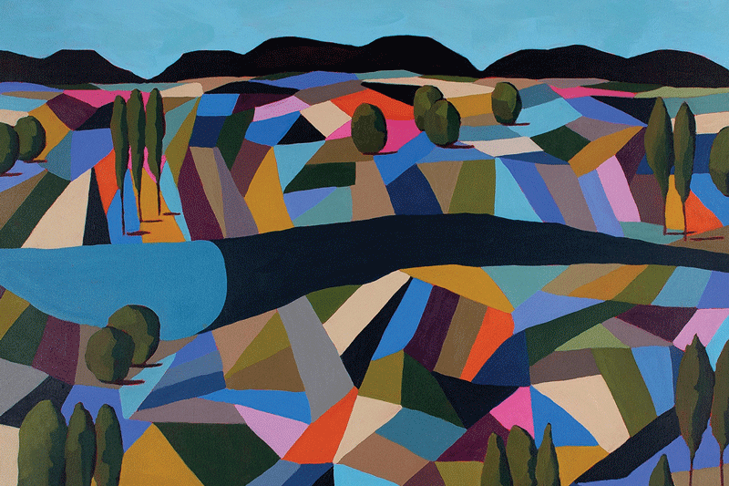 a landscape with trees and hills