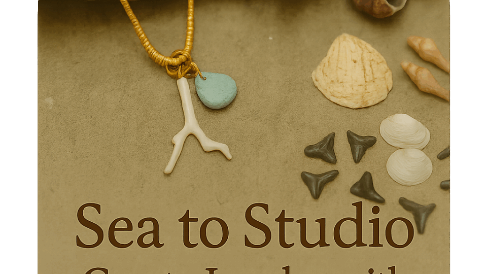 a necklace with a blue and white pendant and shells
