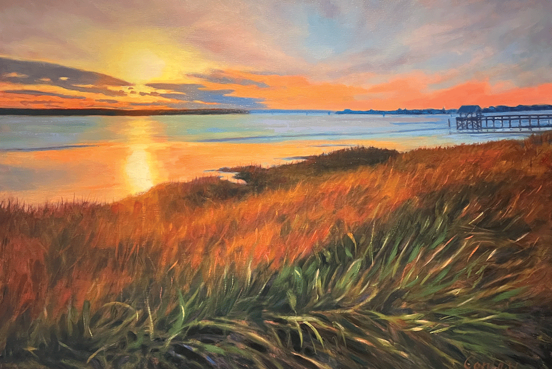 a painting of a beach and a pier
