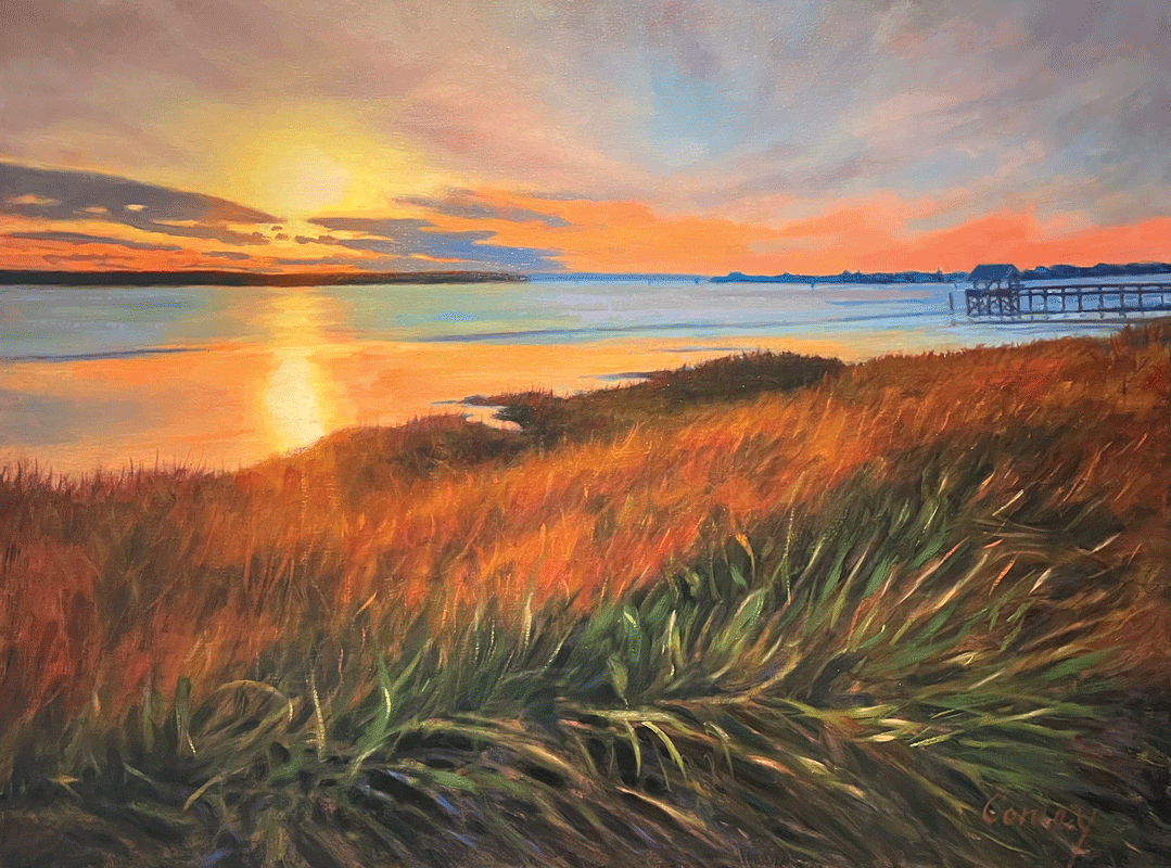 a painting of a beach and a pier