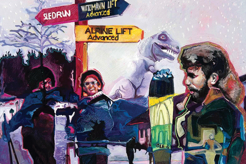 a painting of people standing in front of a sign