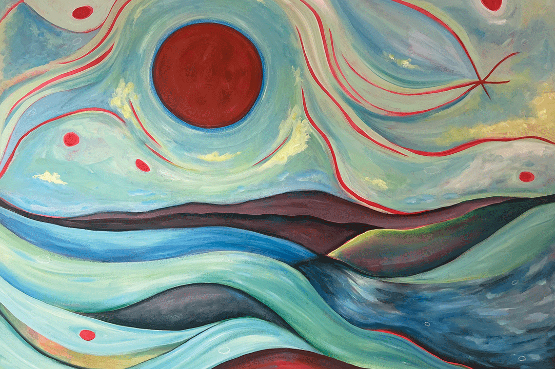 a painting of a landscape with a red circle
