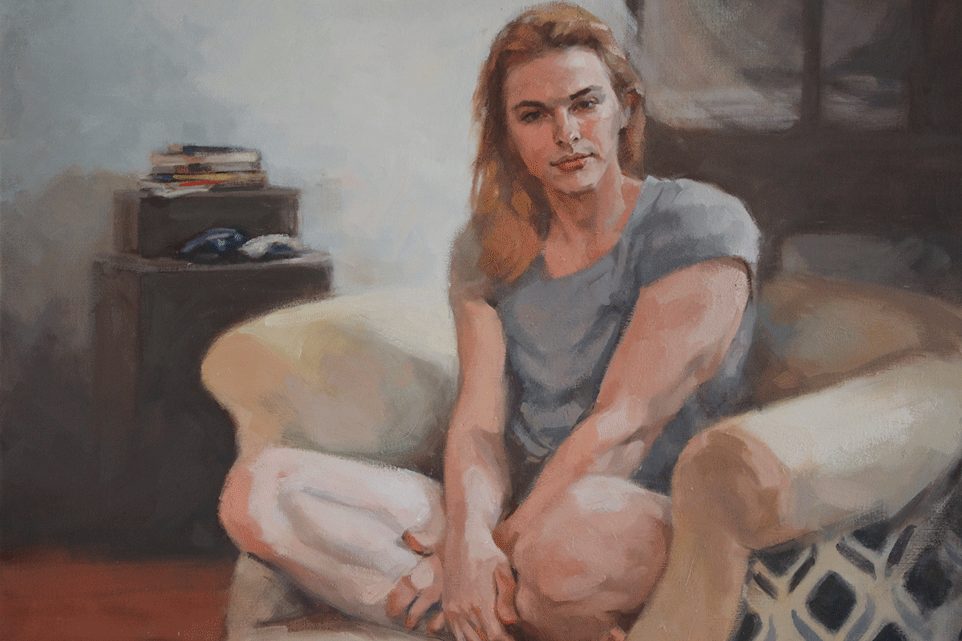 a painting of a woman sitting in a chair