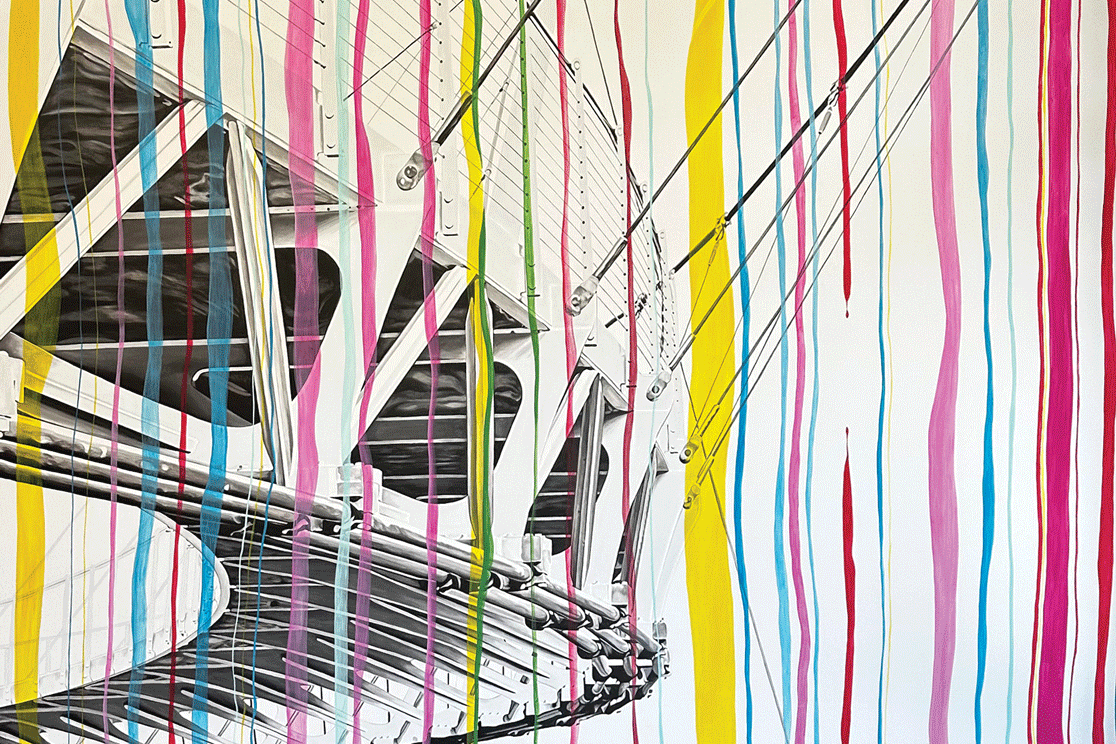 a painting of a building with colorful stripes