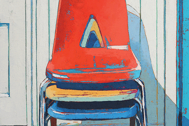a stack of chairs in a room