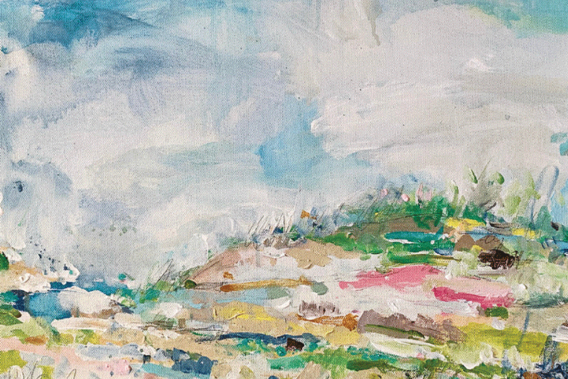 a painting of a hill with flowers
