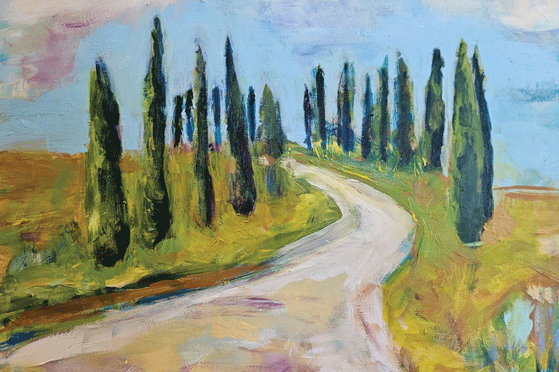 a painting of a road with trees