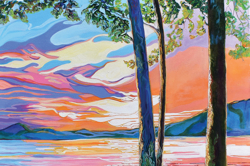 a painting of trees and a body of water