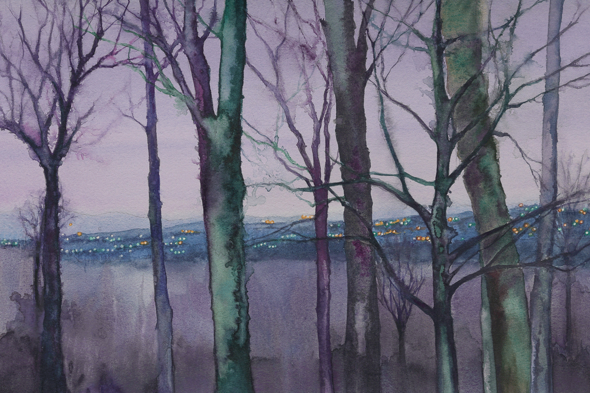 a watercolor of trees in a forest