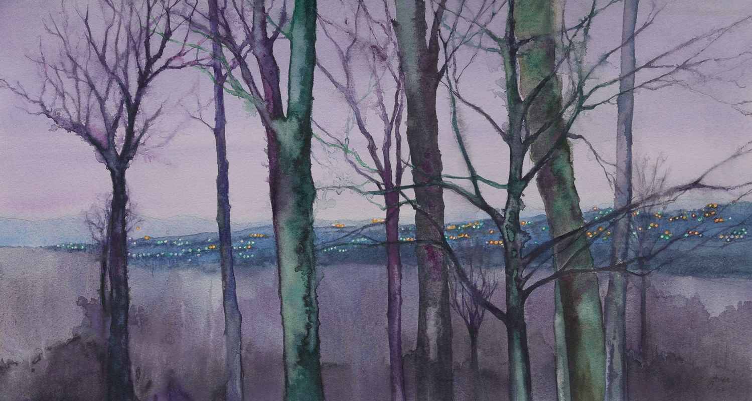 a watercolor of trees in a forest