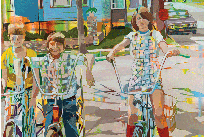 a painting of kids riding bicycles