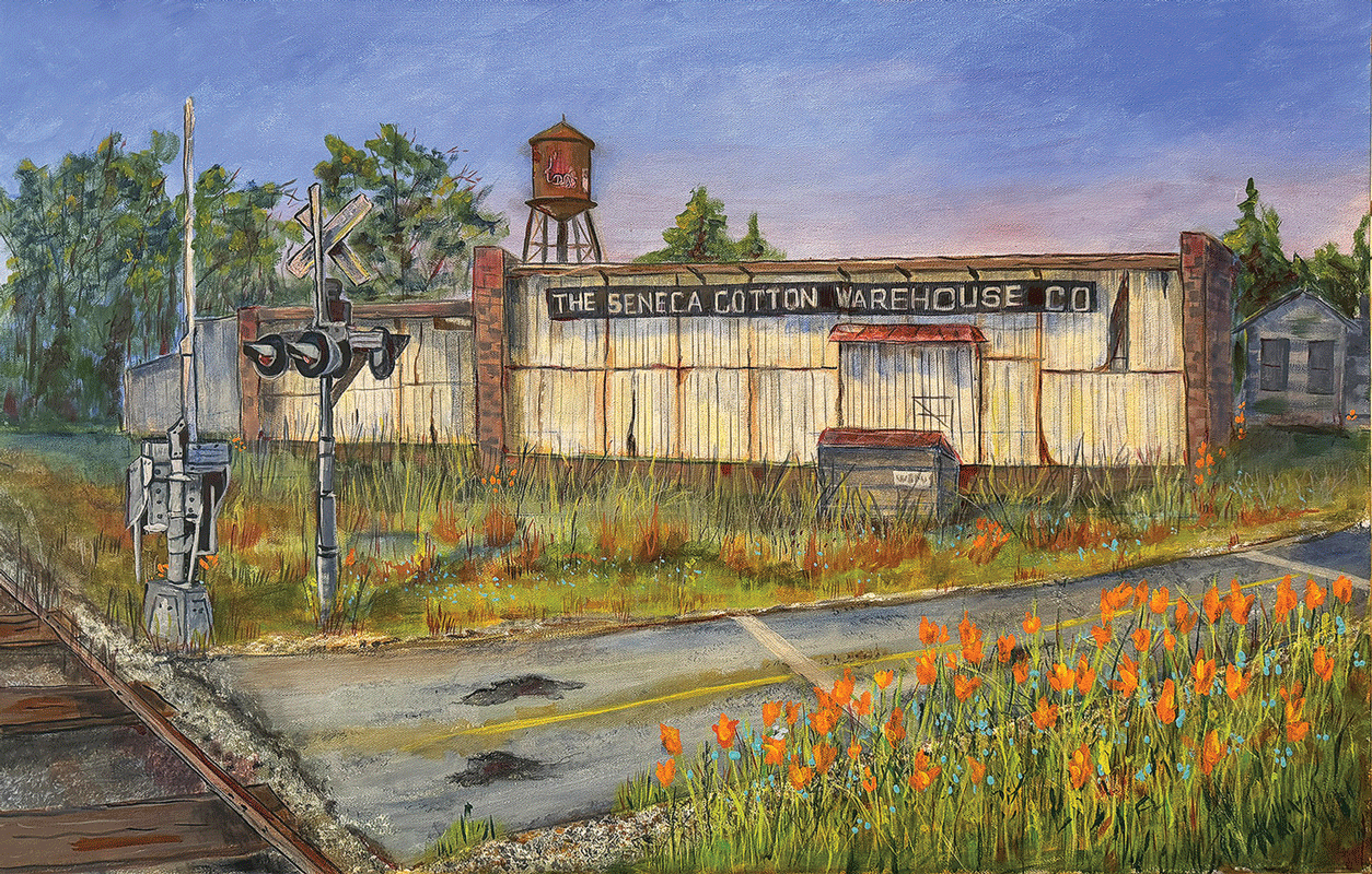 a painting of a railroad crossing and a railroad crossing