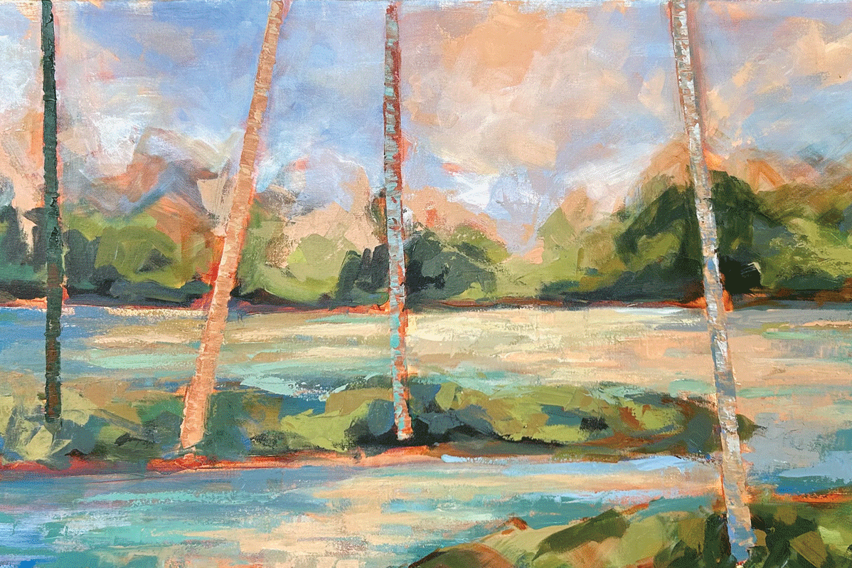 a painting of trees and a river