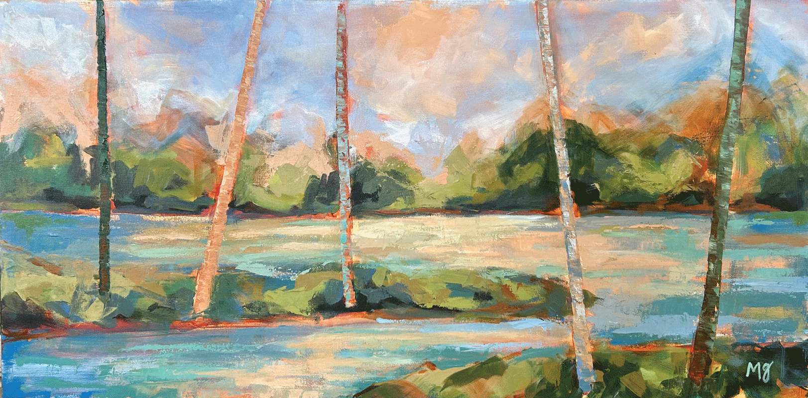 a painting of trees and a river