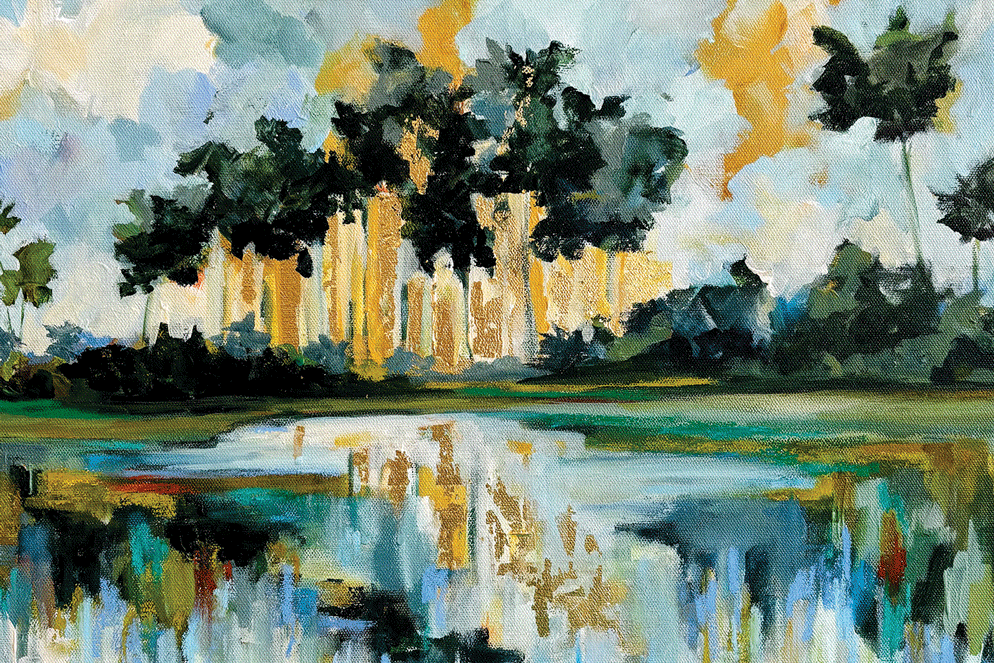 a painting of trees and water
