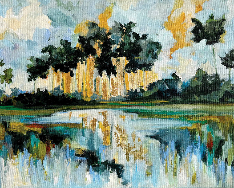 a painting of trees and water