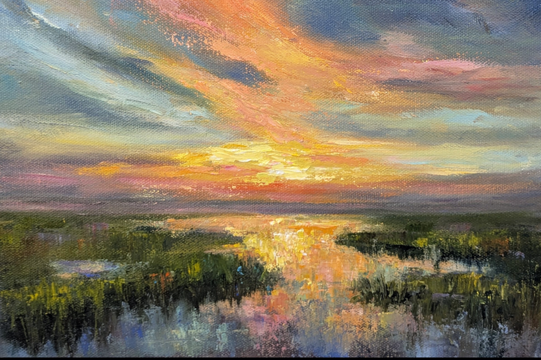a painting of a sunset over a marsh