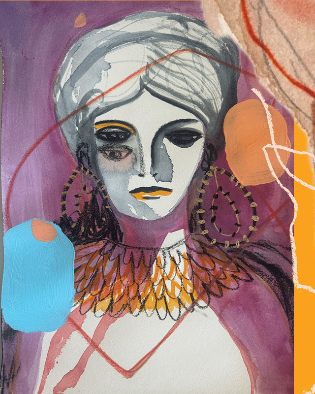 a painting of a woman with large earrings