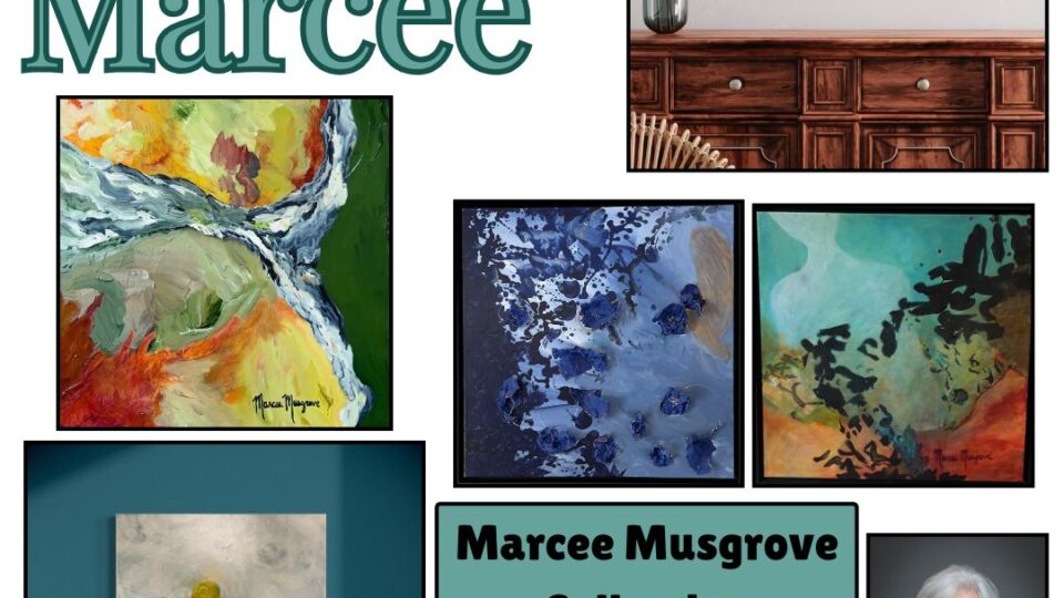 a collage of paintings and a woman