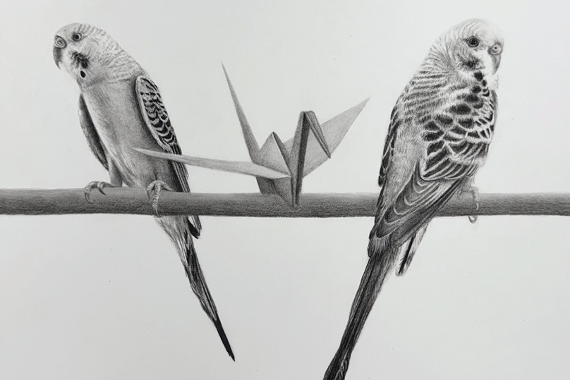 a drawing of birds on a branch
