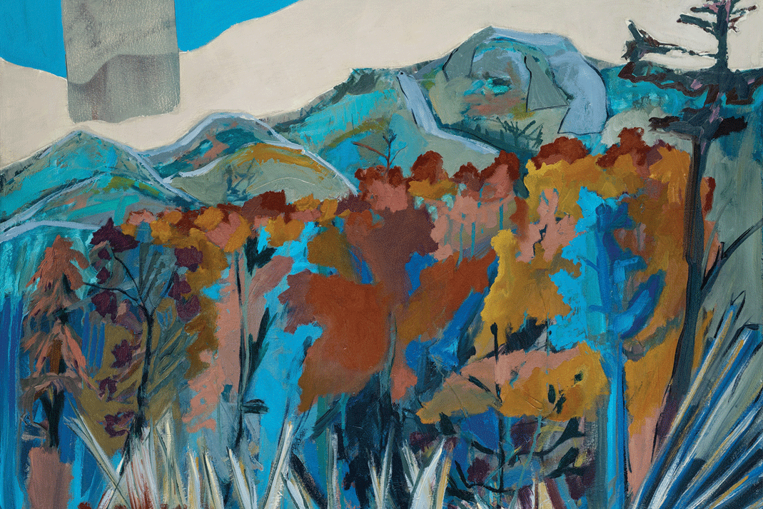 a painting of a landscape with trees and mountains
