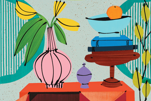 a painting of a vase and bowl on a table