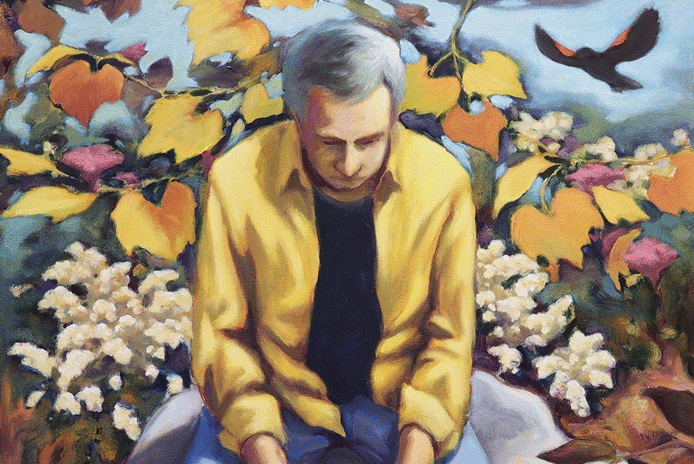 a painting of a man sitting in a garden