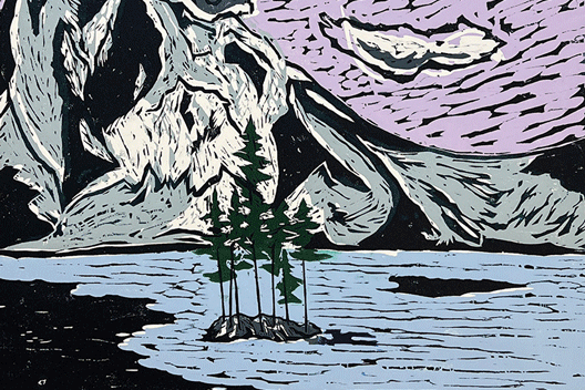 a painting of a mountain and trees