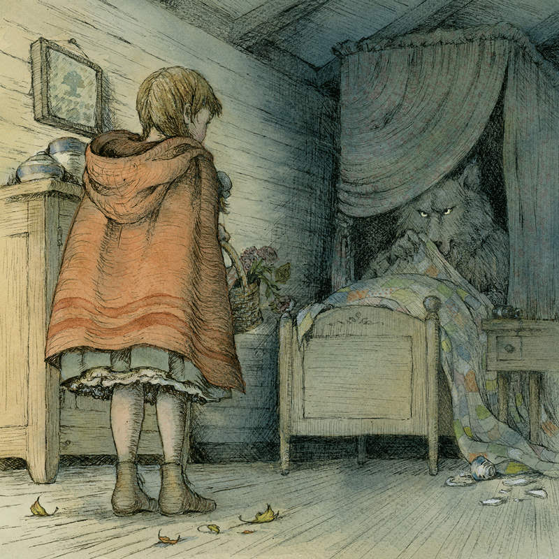 a girl looking at a wolf in a bedroom