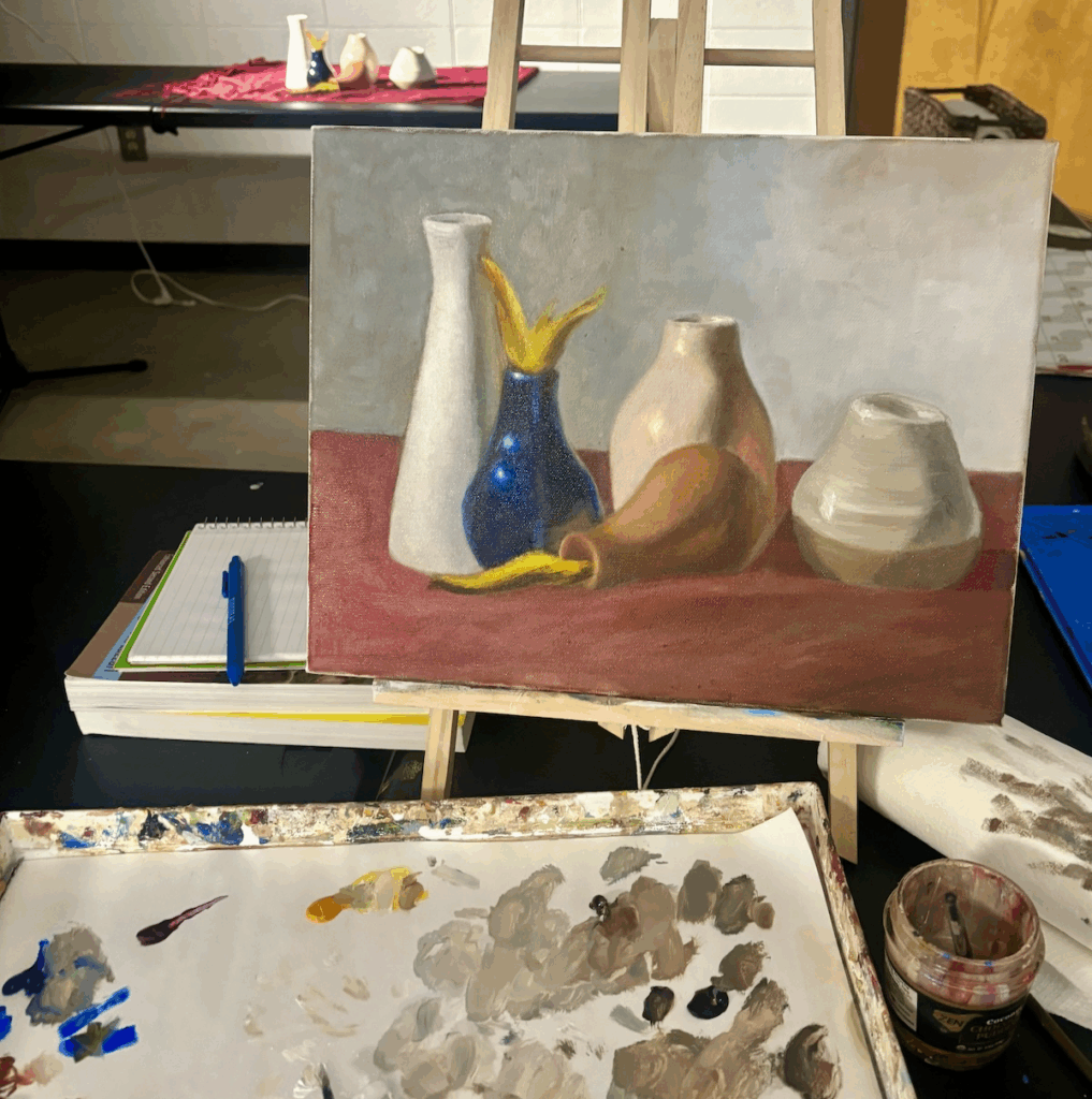 a painting of vases on a table