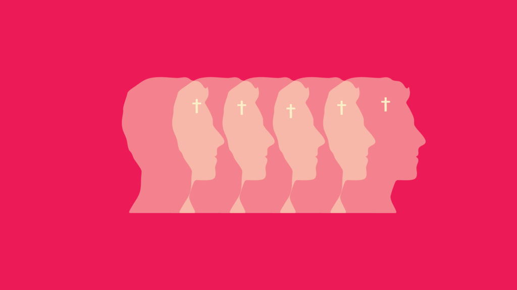 a group of people's heads with crosses on their heads
