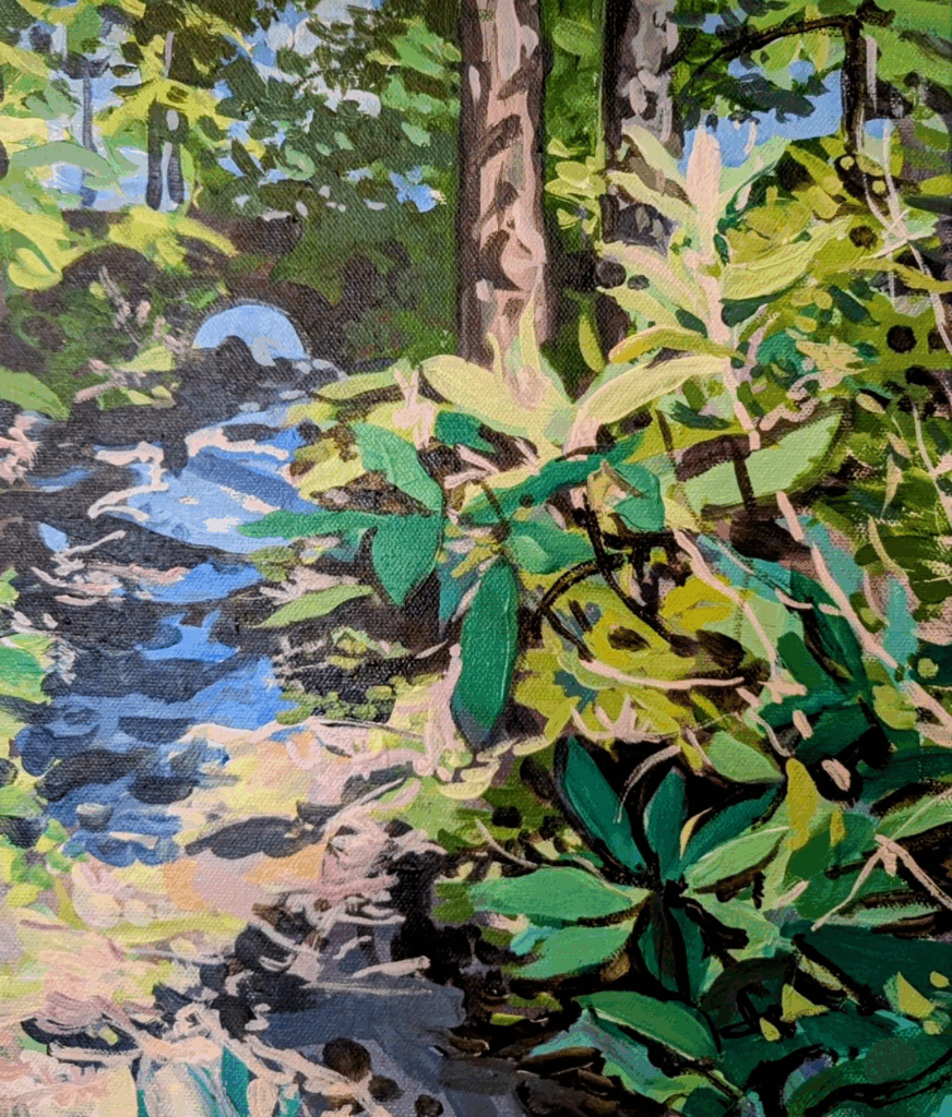 a painting of a stream in the woods