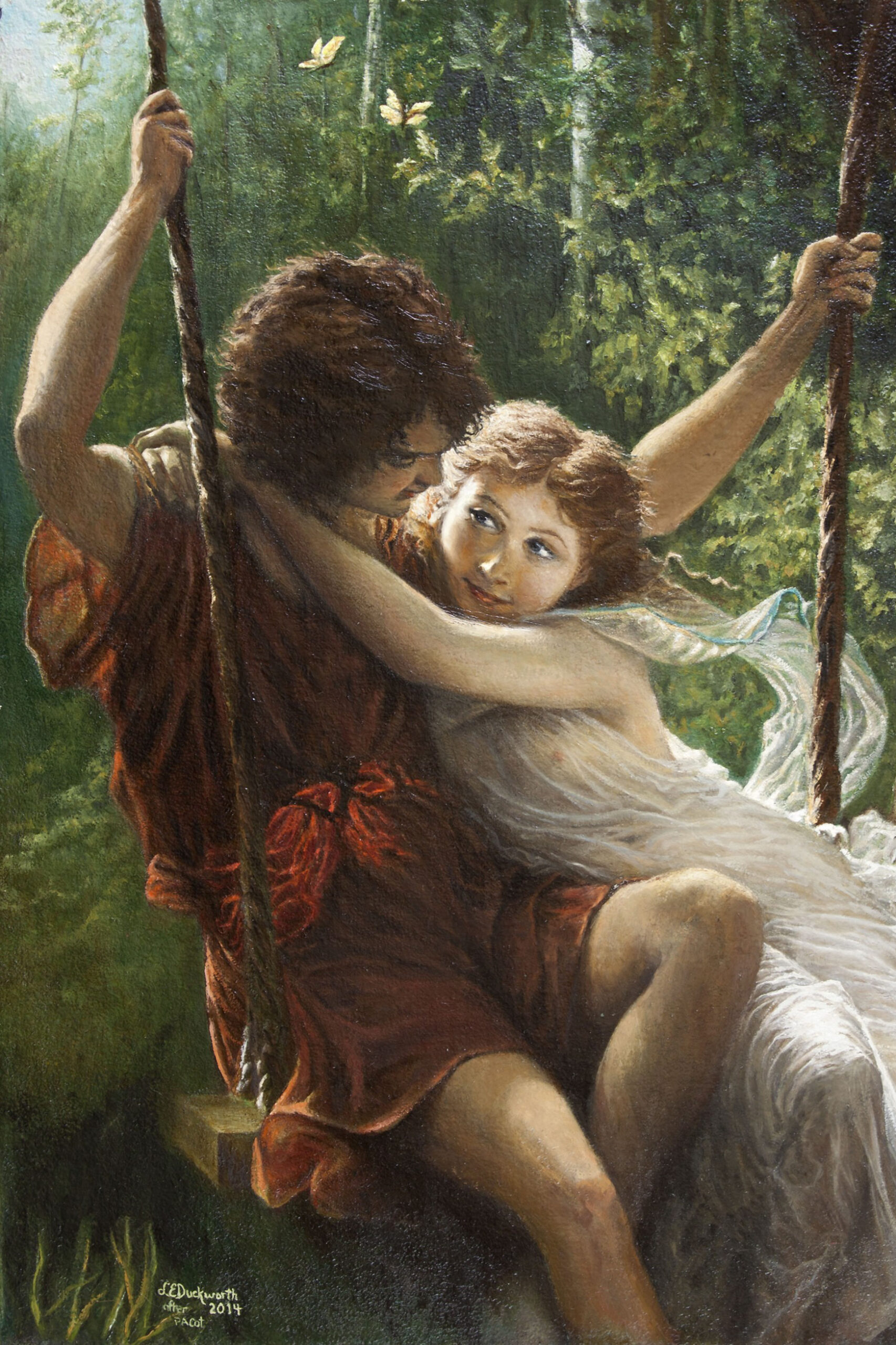 a painting of a man and a woman on a swing