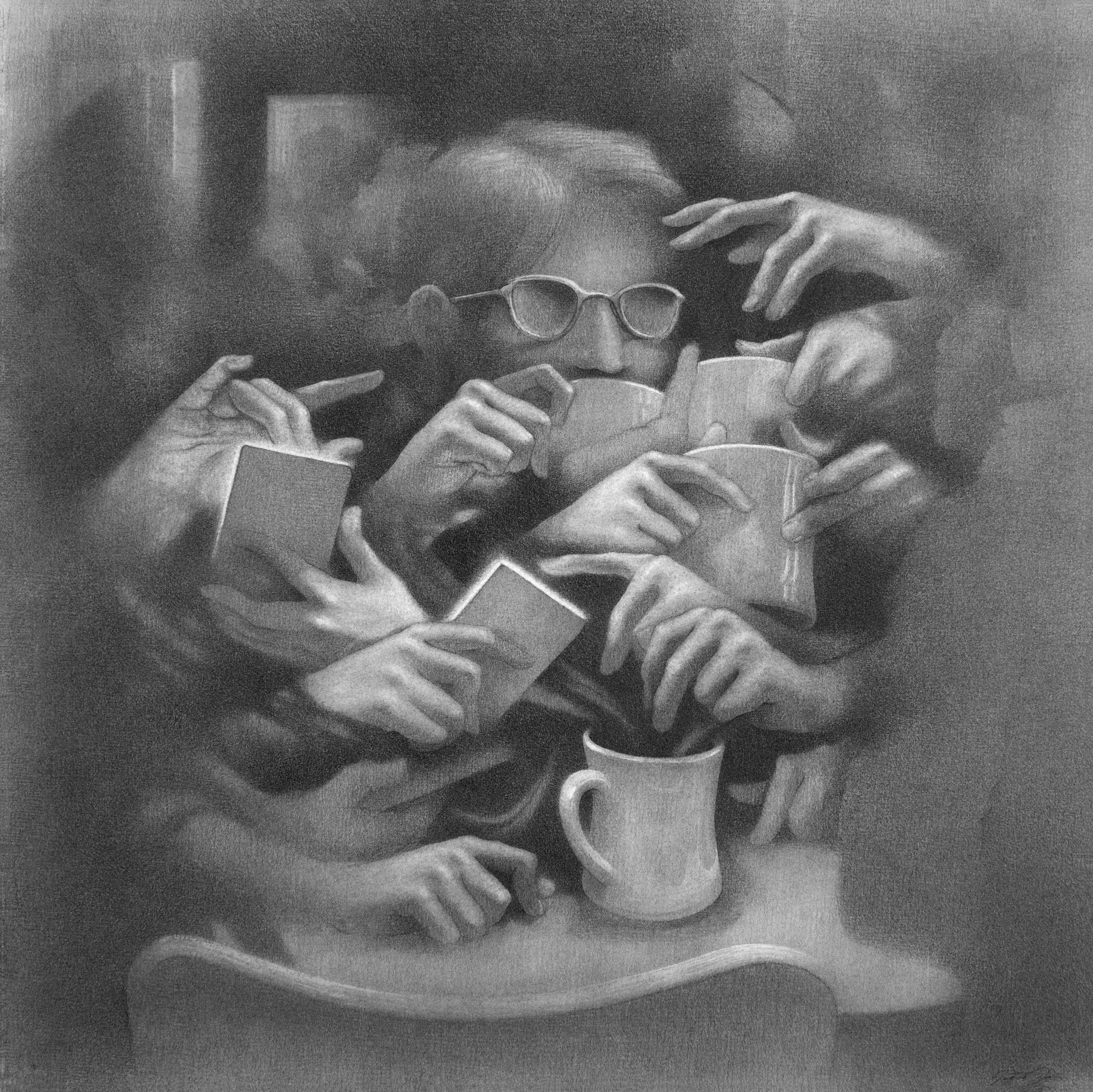 a group of people holding books and drinking coffee