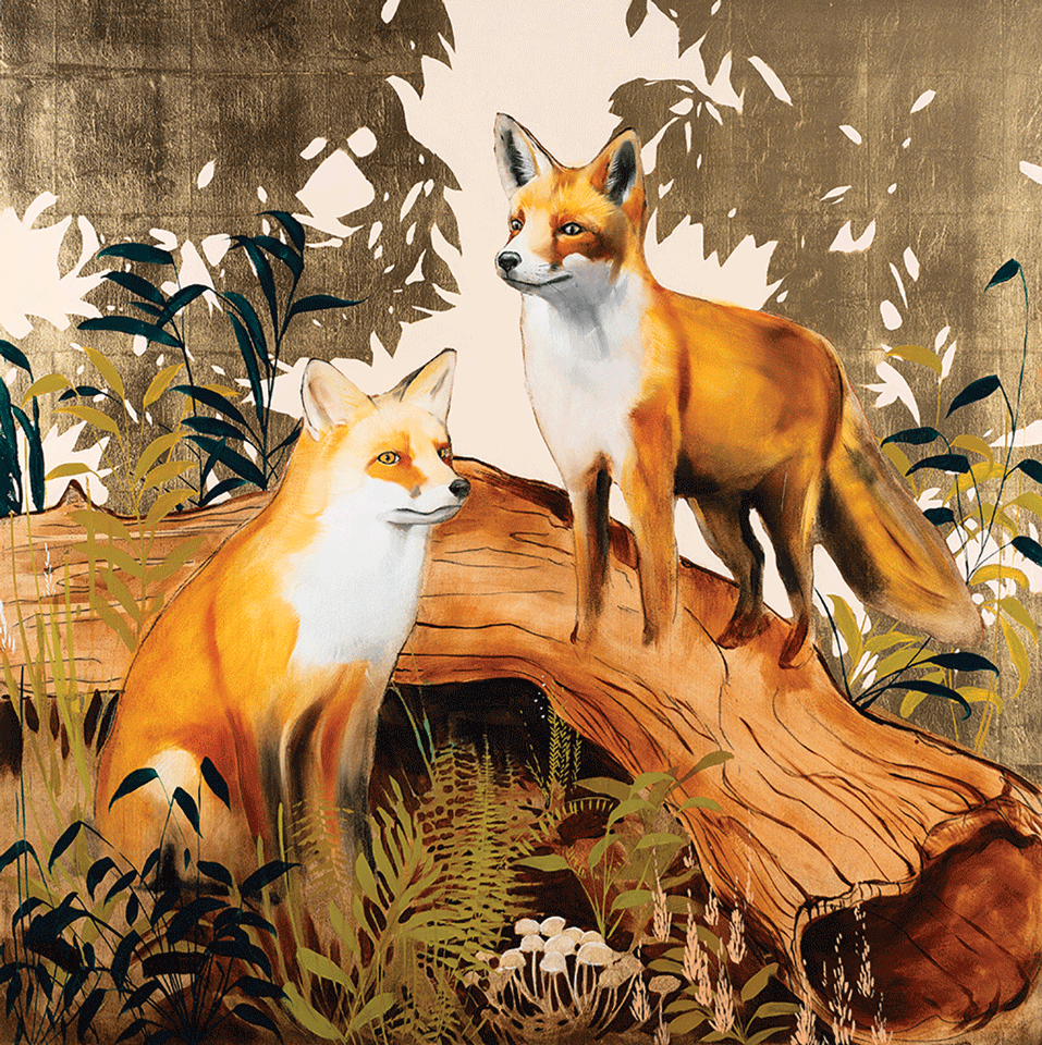 a painting of two foxes on a log