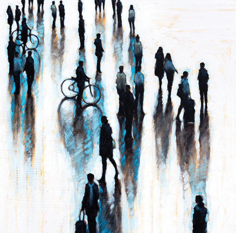 a group of people walking on a wet floor