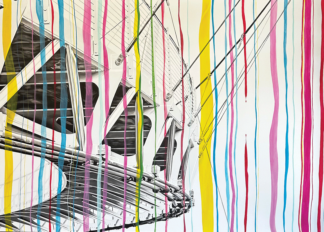 a painting of a building with colorful stripes